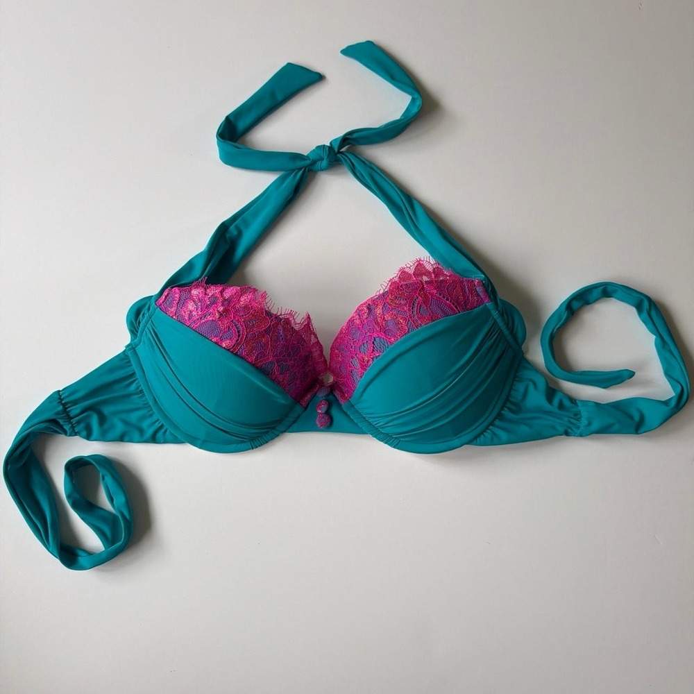 Beach Bunny Big Girls Dont Cry Teal Pink Lace Push Up Halter Bikini Top Large